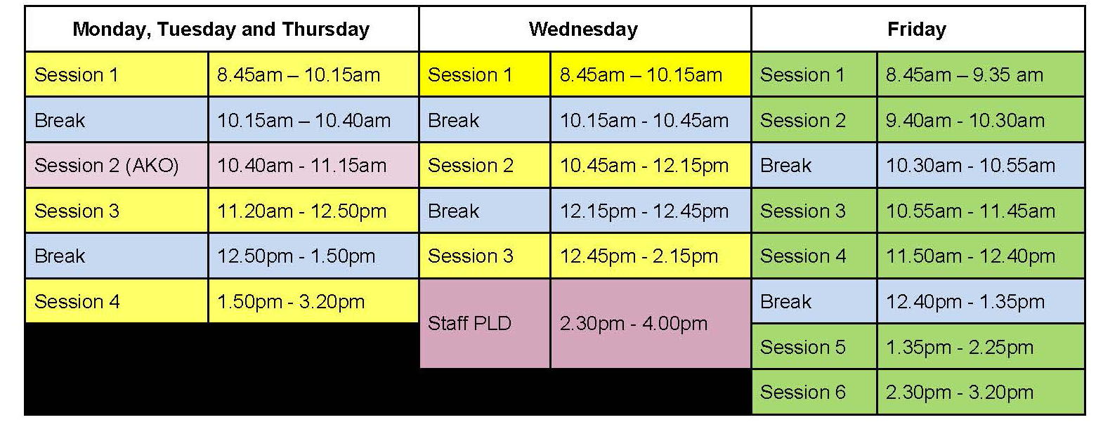 Timetable and Term dates